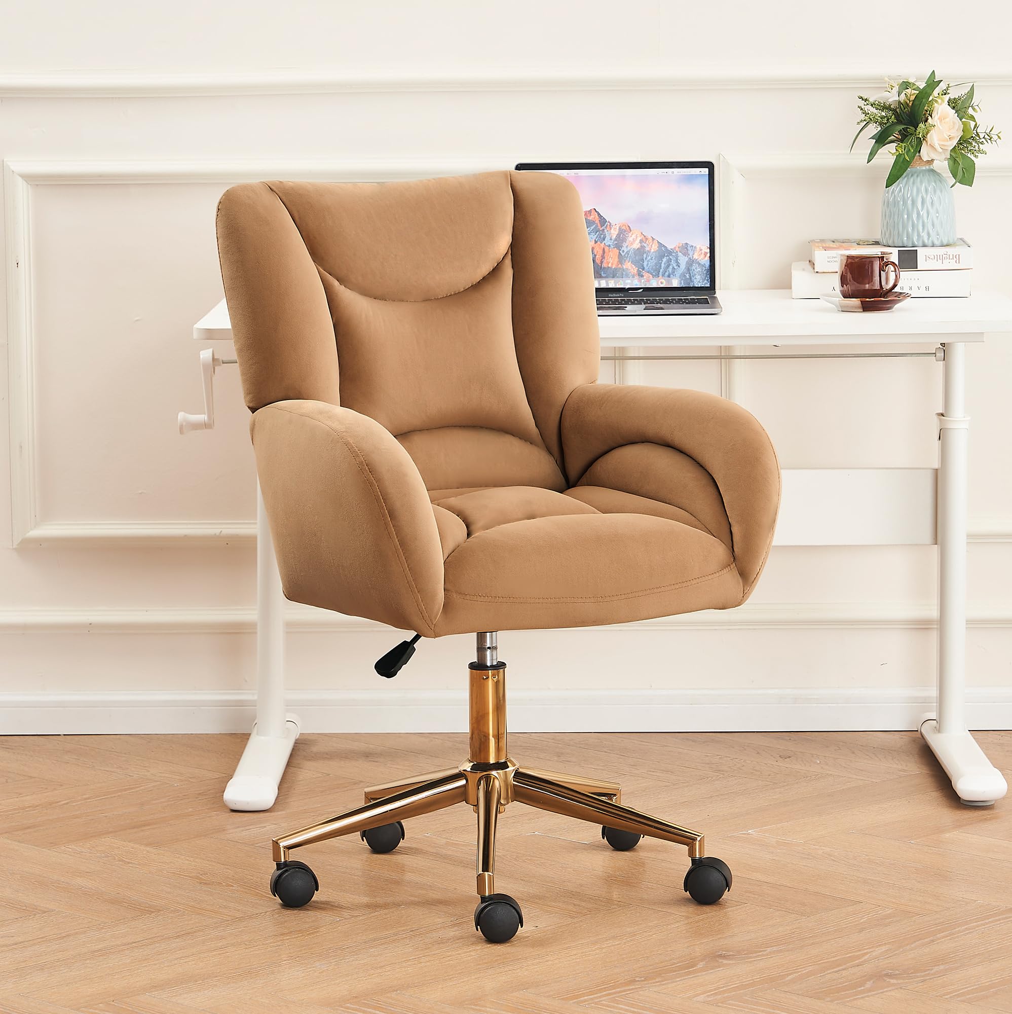 Hommoo Desk Chair with Wheels and Arms Velvet Comfortable Desk Chair for Home Office Height Adjustable Vanity Chair Modern Task Chair Computer Desk Chair Coffee