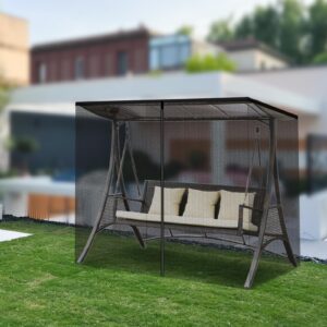 JOJOCY Patio Mosquito Netting, 3 Seater Swing Mosquito Mesh Screen w/Zipper Sunshade Waterproof Roof Porch Swing Net Outdoor Patio Netting Screen