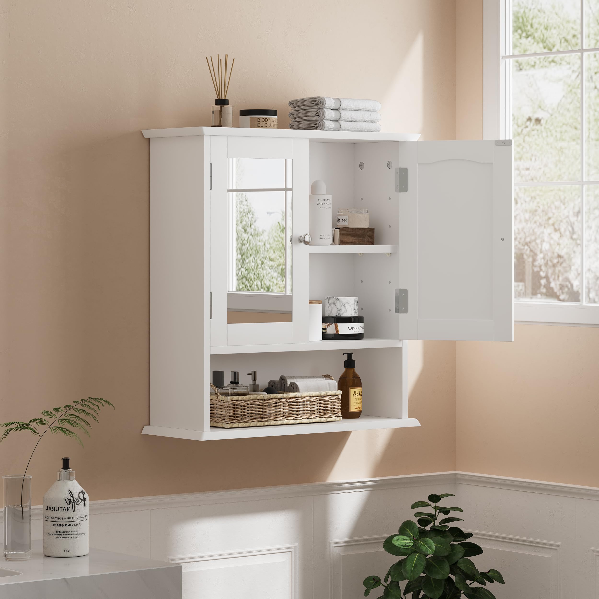 Smuxee Bathroom Wall Cabinet with Mirrors, White Bathroom Medicine Cabinet with Adjustable Shelves, Over Toilet Cabinet for Bathroom Laundry Room Kitchen