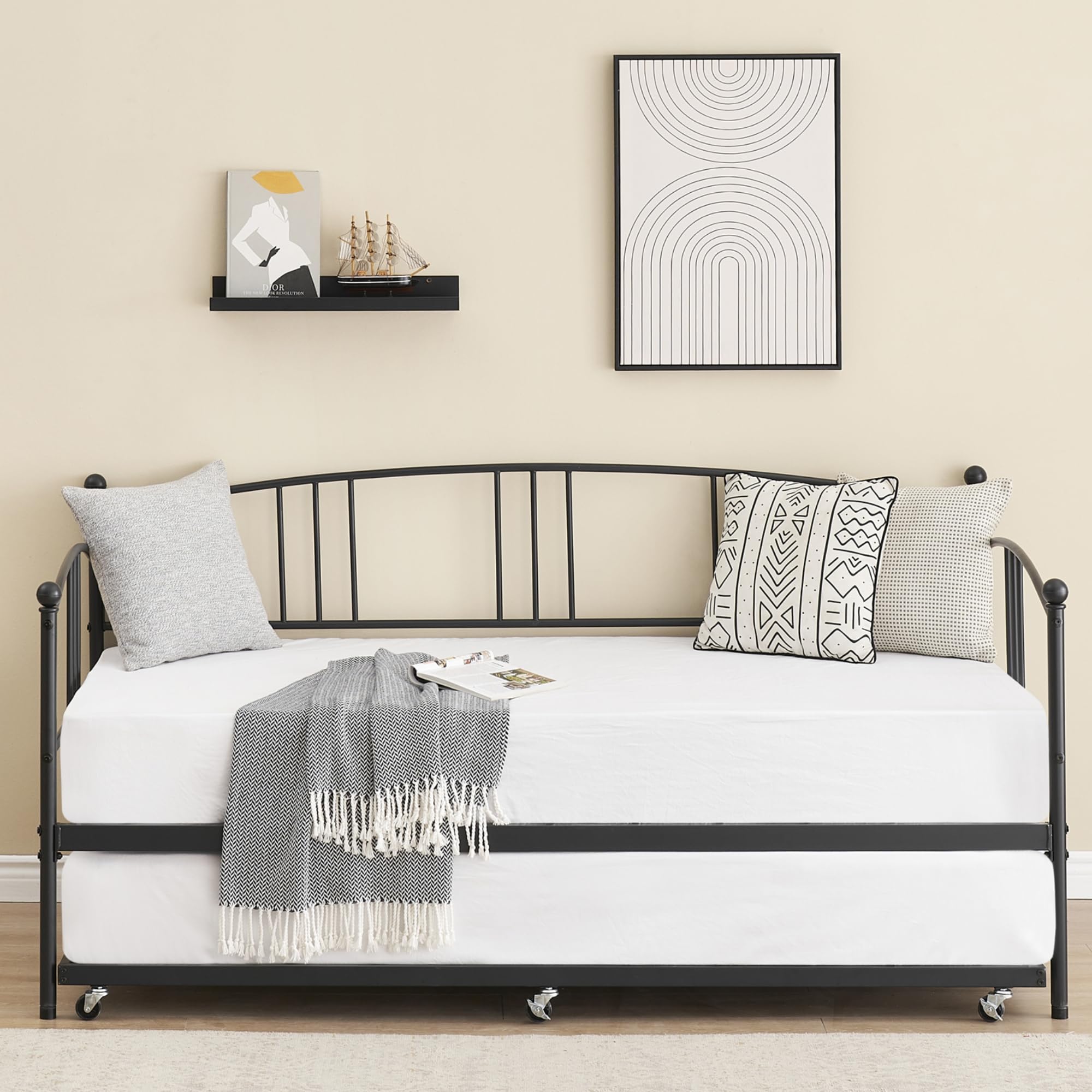 IDEALHOUSE Twin Daybed with Trundle, Metal Twin Size Daybed with Pullout Trundle 6 Casters, Steel Slat Support Sofa Bed for Living Room, Bedroom, Guest Room, No Box Spring Needed, Black