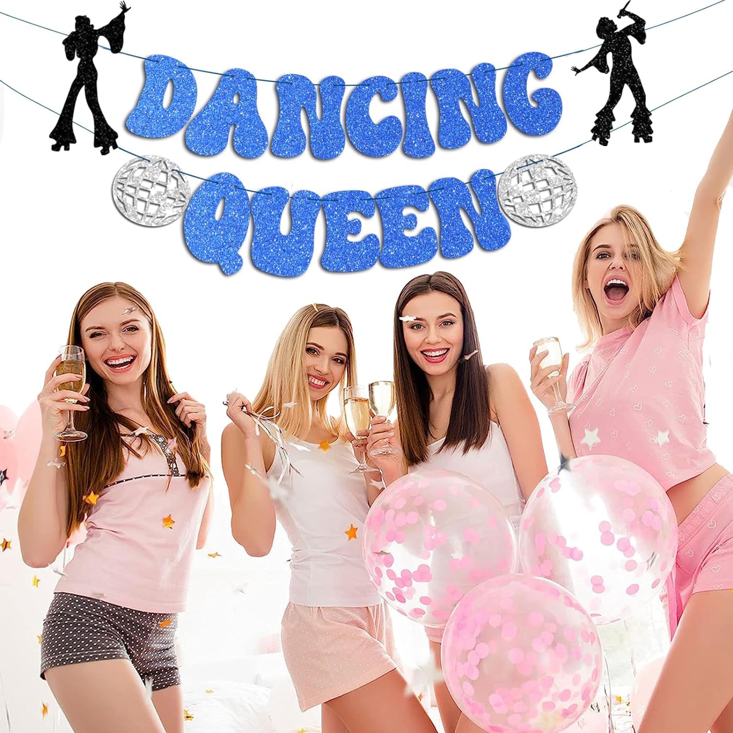 Glitter Dancing Queen 17th Birthday Party Decorations Banners, Blue Mamma Mia Dance Bachelorette Party Decor Supplies, Disco Ball Banner for Bridal Shower Wedding Party