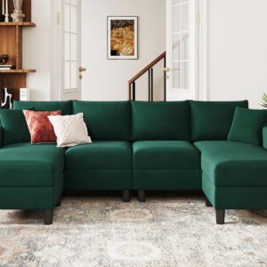 Belffin U Shaped Sectional Sofa Velvet Convertible Sofa with Reversible Chaises Sectional Couches with Ottomans for Living Room (Green)…