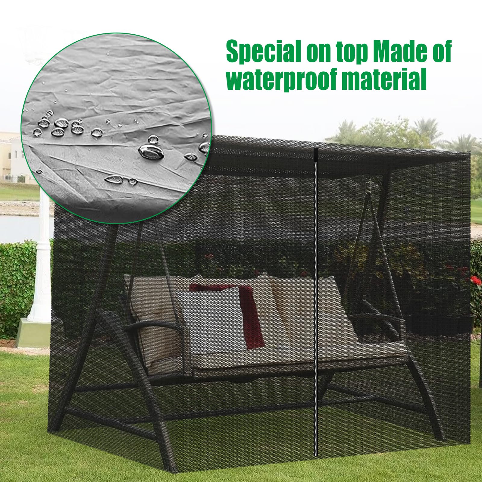 JOJOCY Patio Mosquito Netting, 3 Seater Swing Mosquito Mesh Screen w/Zipper Sunshade Waterproof Roof Porch Swing Net Outdoor Patio Netting Screen