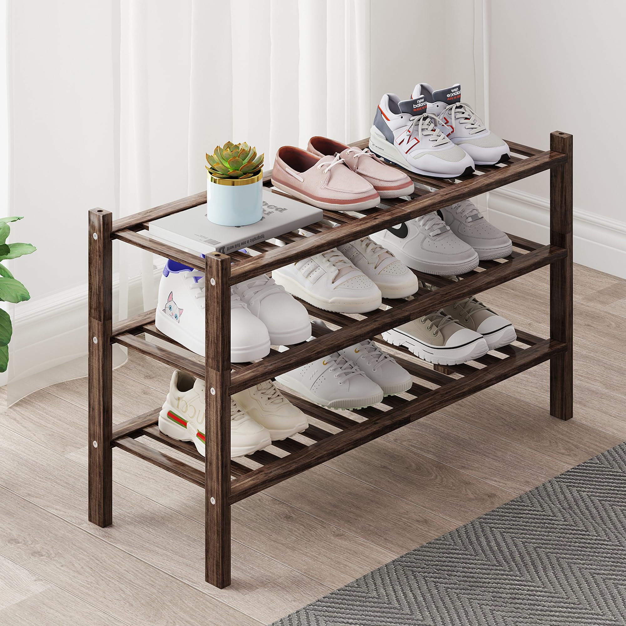 Bamboo Shoe Rack Organizer for Closet and Entryway - Space-Saving Narrow Shoe Stand - Versatile Shoe Holder for Door or Closet Shelf,Garage Bedroom can Freely Stack DIY Small Shoe Racks 3Tier Brown