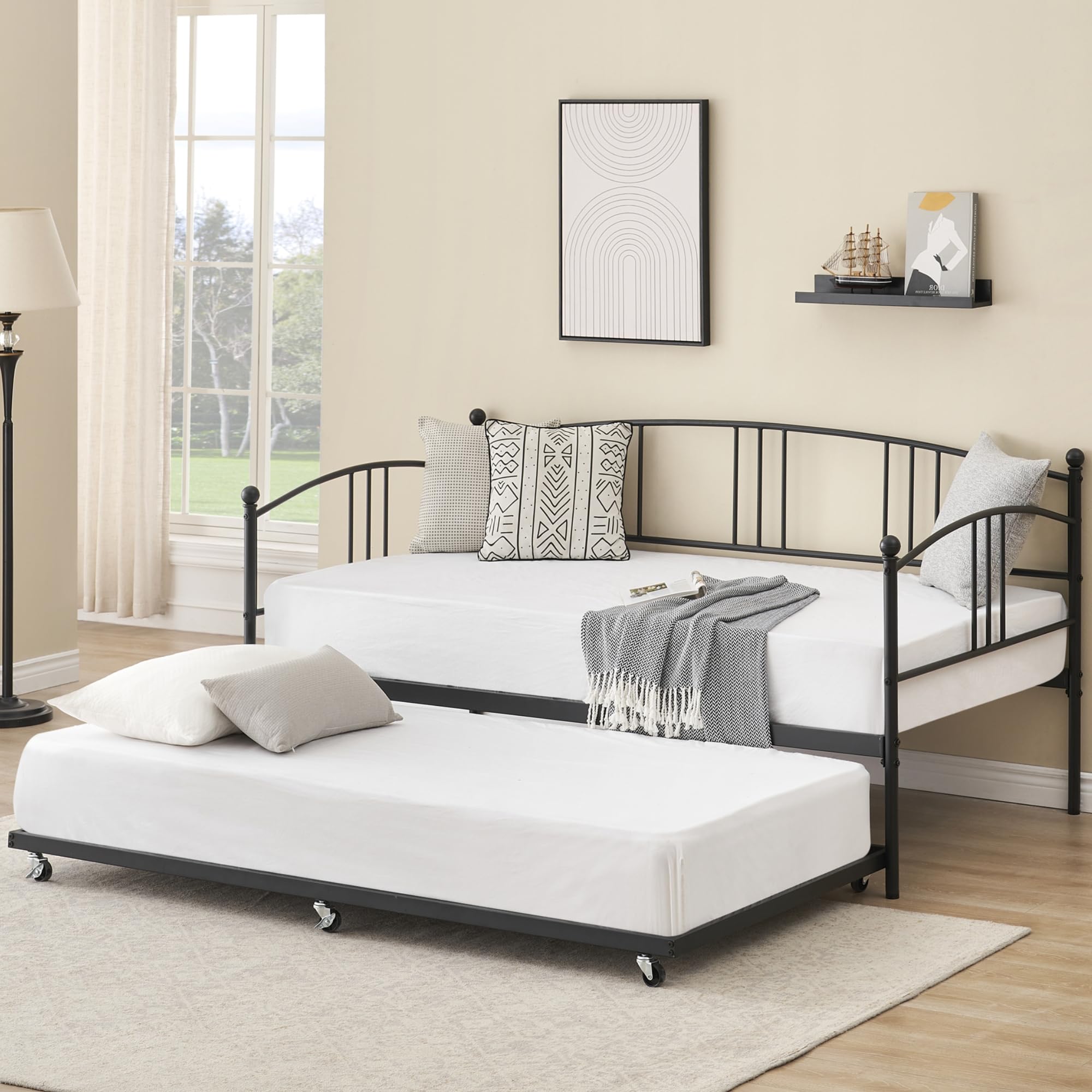 IDEALHOUSE Twin Daybed with Trundle, Metal Twin Size Daybed with Pullout Trundle 6 Casters, Steel Slat Support Sofa Bed for Living Room, Bedroom, Guest Room, No Box Spring Needed, Black