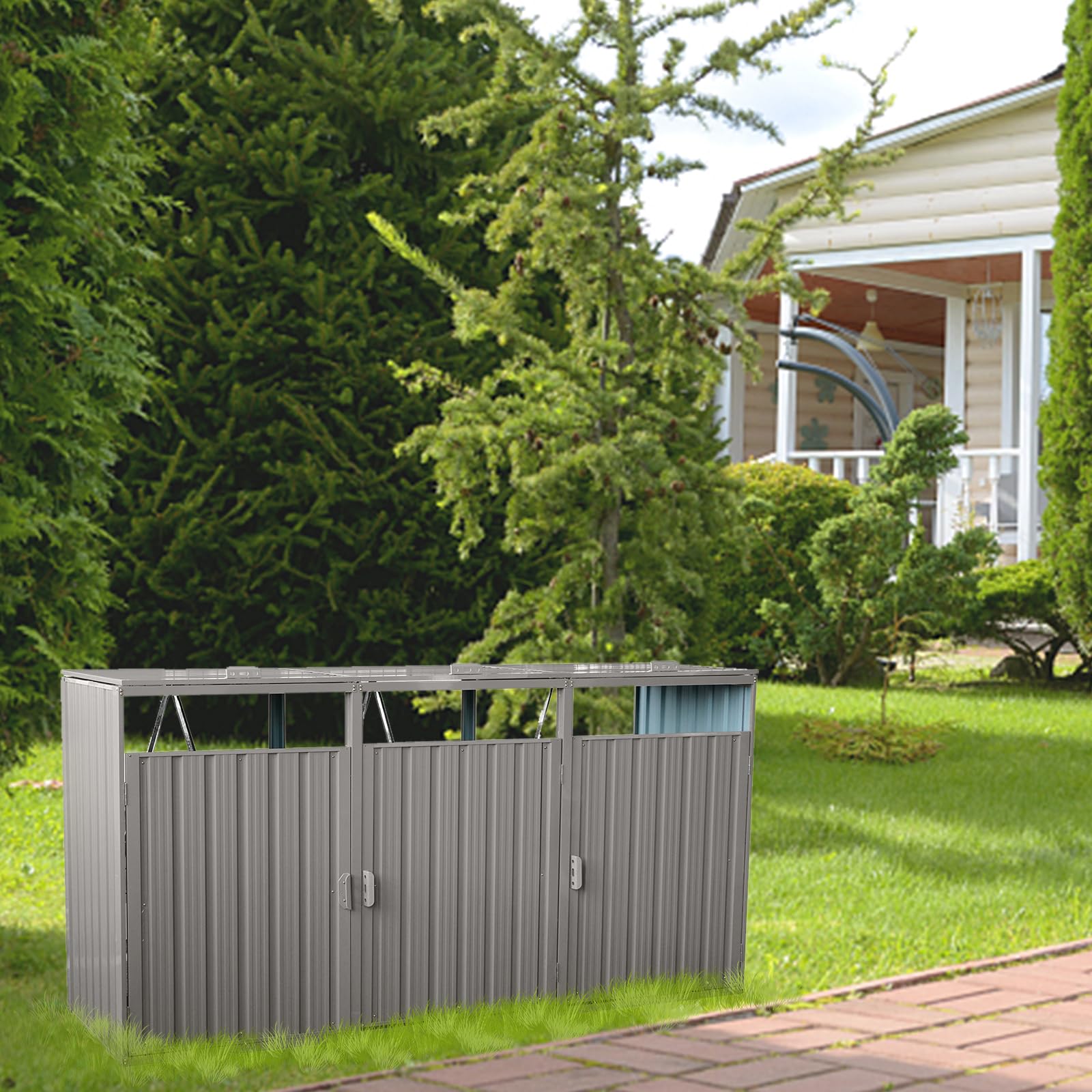 Garbage Bin Shed Stores 3 Trash Cans - Outdoor Metal Bin Storage for Garden, Yard, and Lawn - Stainless Galvanized Steel with Easy Access Lids and Doors - Bin Hider for Trash Can Organization