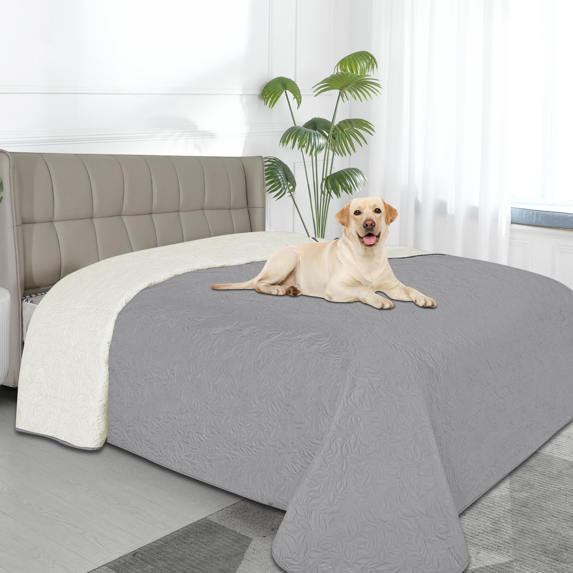 Easy-Going Waterproof Dog Bed Cover Reversible Leak Proof Pet Blanket Replacement Mat for Furniture Washable Couch Cover Sofa Cover for Dogs Cat(82x86 Inch, Light Gray/Ivory)