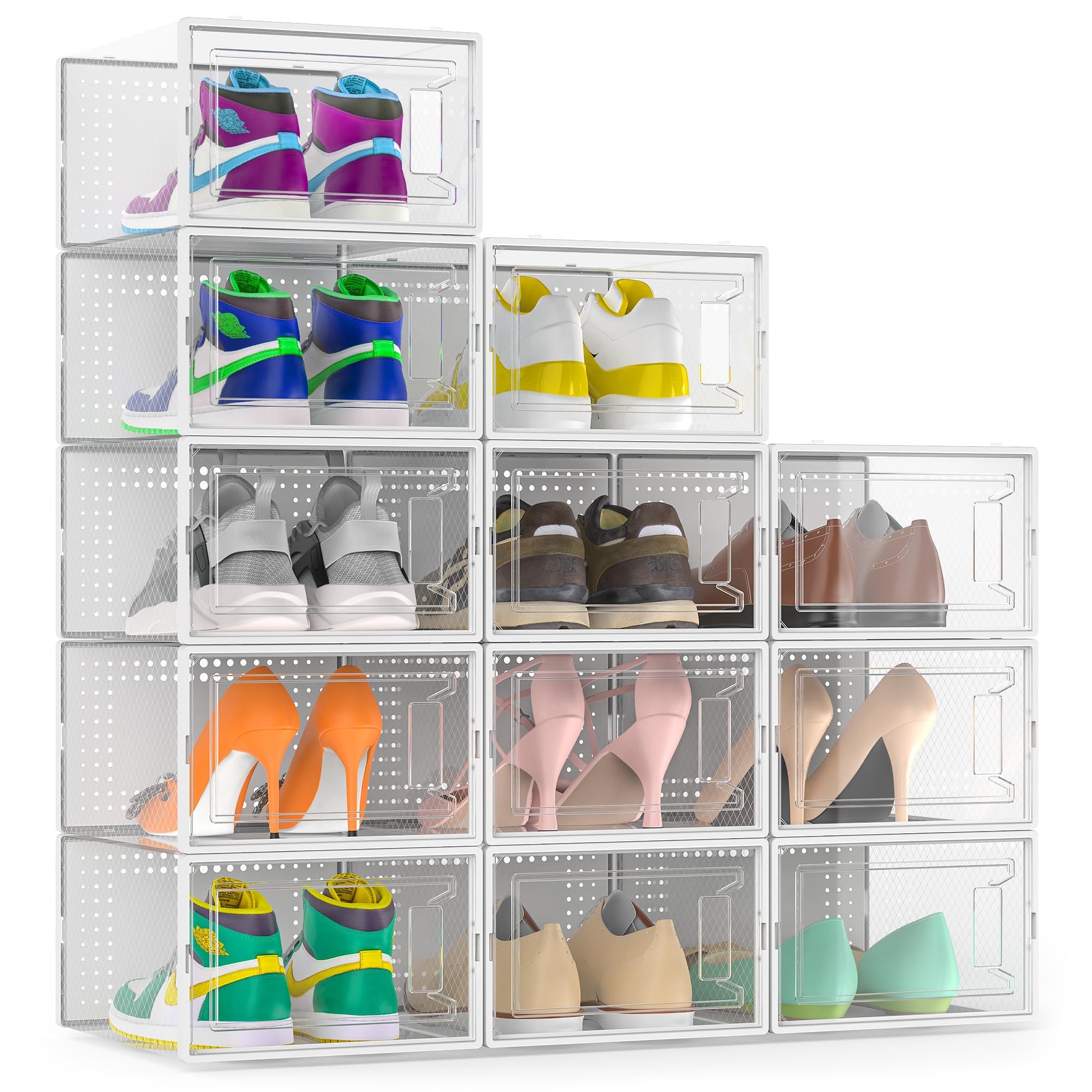 Secret Space 12 Pack X Large Shoe Storage Organizer for Closet, Modular Space Saving Shoe Boxes Clear Plastic Stackable Containers Display Case Bins with Lids, Shoe Rack for Sneaker Storage, White