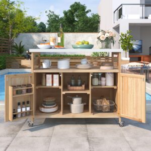 CKLMMC Farmhouse Outdoor Kitchen Island, Rolling Bar Cart & Storage Cabinet with Stainless Steel Top, Spice Rack, Towel Rack for Kitchen & Barbecue, Solid Wood Outdoor Grill Table (Natural)