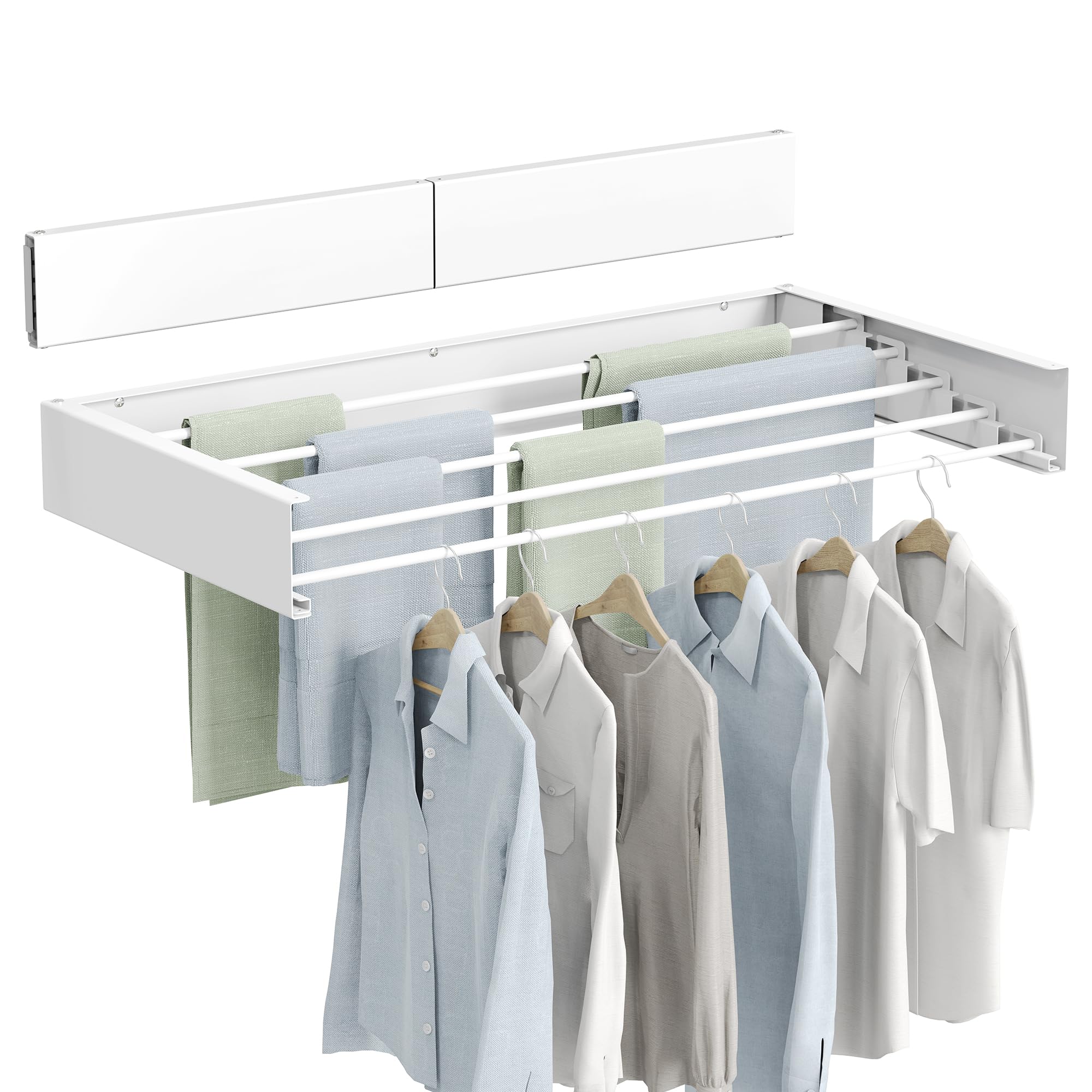 Wall Mounted Clothes Drying Rack, Laundry Drying Rack Collapsible,31.5" Wide,5 Aluminum Rods, 60 lb Capacity, Laundry Racks for Drying Clothes with Wall Template,for Indoor & Outdoor Organization