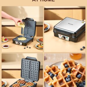 Belgian Waffle Maker 4 Slices, 1200W Waffle Iron, Anti-Overflow Waffle Iron with Browning Knob, Nonstick Plates, Indicator Lights, Silver/Black