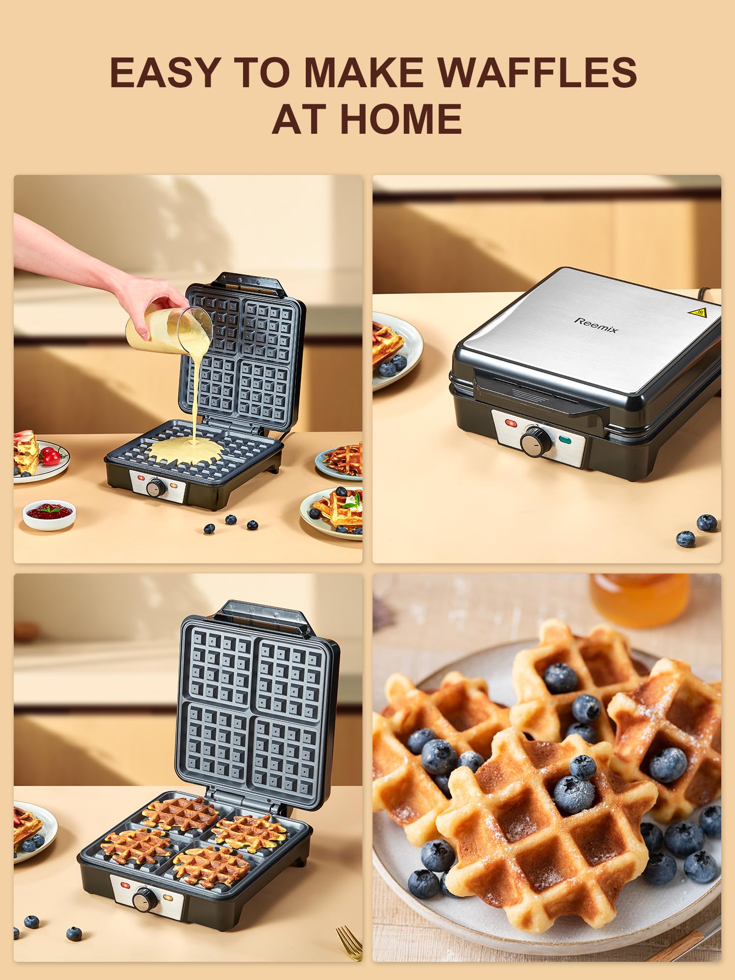 Belgian Waffle Maker 4 Slices, 1200W Waffle Iron, Anti-Overflow Waffle Iron with Browning Knob, Nonstick Plates, Indicator Lights, Silver/Black