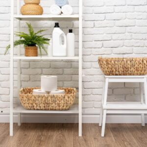 Water Hyacinth Storage Baskets with Wooden Handles，Large Wicker Baskets for Organizing Set of 2