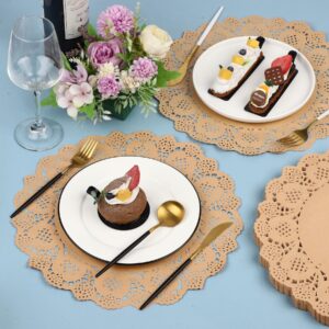 MCEAST 100 Pack Round Brown Kraft Paper Doilies 13.5 Inches Lace Paper Place Mats Rustic Scallop Doily Disposable Paper Table Pads for Food Cakes Crafts Party Weddings Tableware Decor