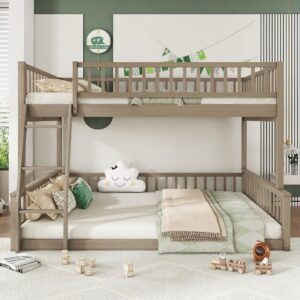 Full XL Over Queen Bunk Bed for Kids/Adults,Queen Size Floor Bunk Beds with Inclined Ladder,Solid Wood Low Bunk Bed,Detachable Bunk Beds for Teens,Girls,Boys(Walnut)