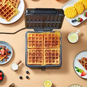 Belgian Waffle Maker 4 Slices, 1200W Waffle Iron, Anti-Overflow Waffle Iron with Browning Knob, Nonstick Plates, Indicator Lights, Silver/Black