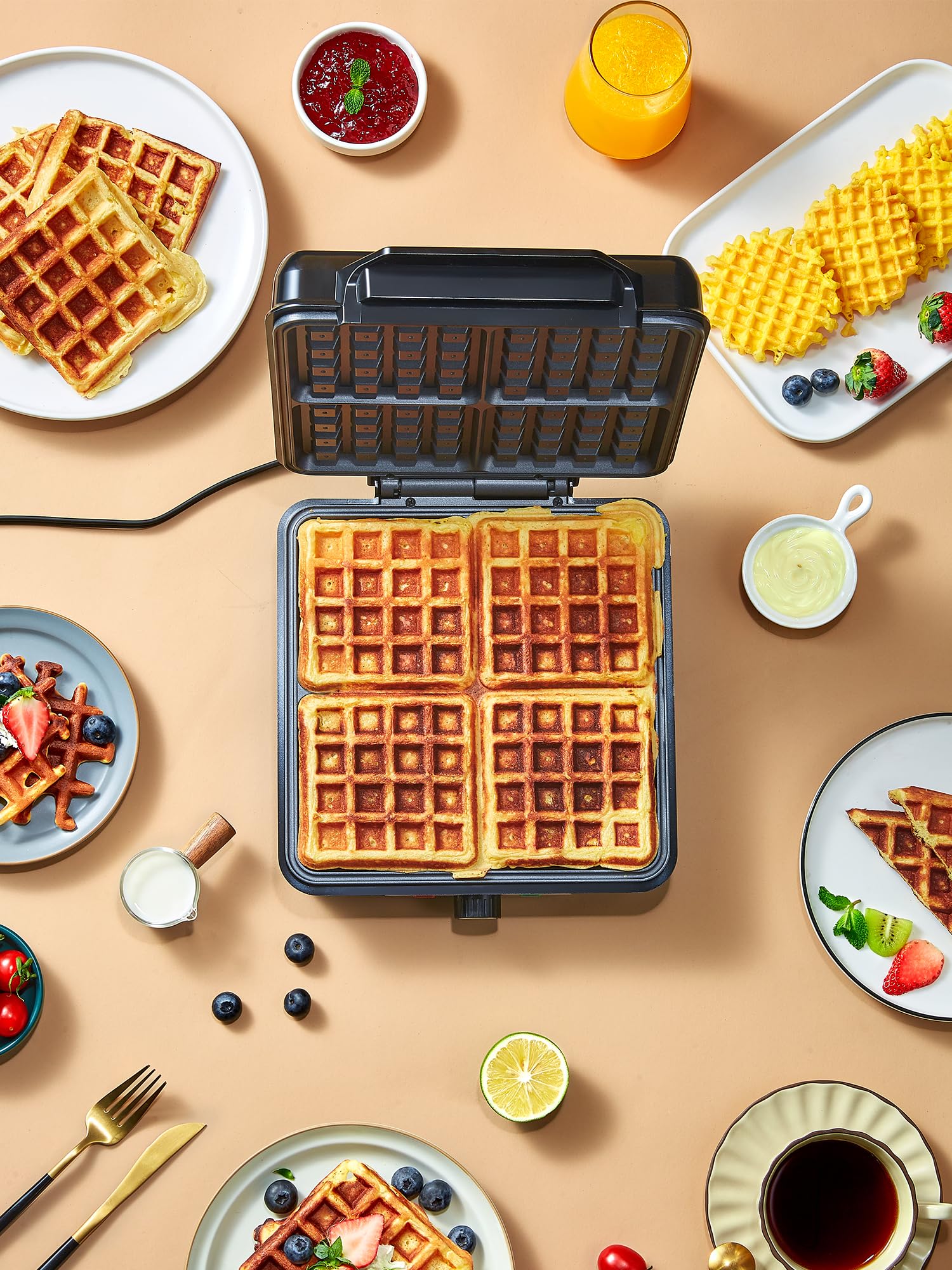 Belgian Waffle Maker 4 Slices, 1200W Waffle Iron, Anti-Overflow Waffle Iron with Browning Knob, Nonstick Plates, Indicator Lights, Silver/Black