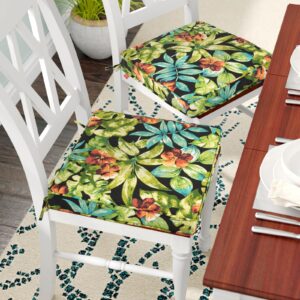 IN4 Care Patio Chair Cushion 18"x18"x2.5" for Patio Furniture, 2 Pack, Indoor/Outdoor Waterproof Square Corner Seat Cushion with Ties, Chair Pads for Garden Dining Office Sofa-Tropical Green Leaves