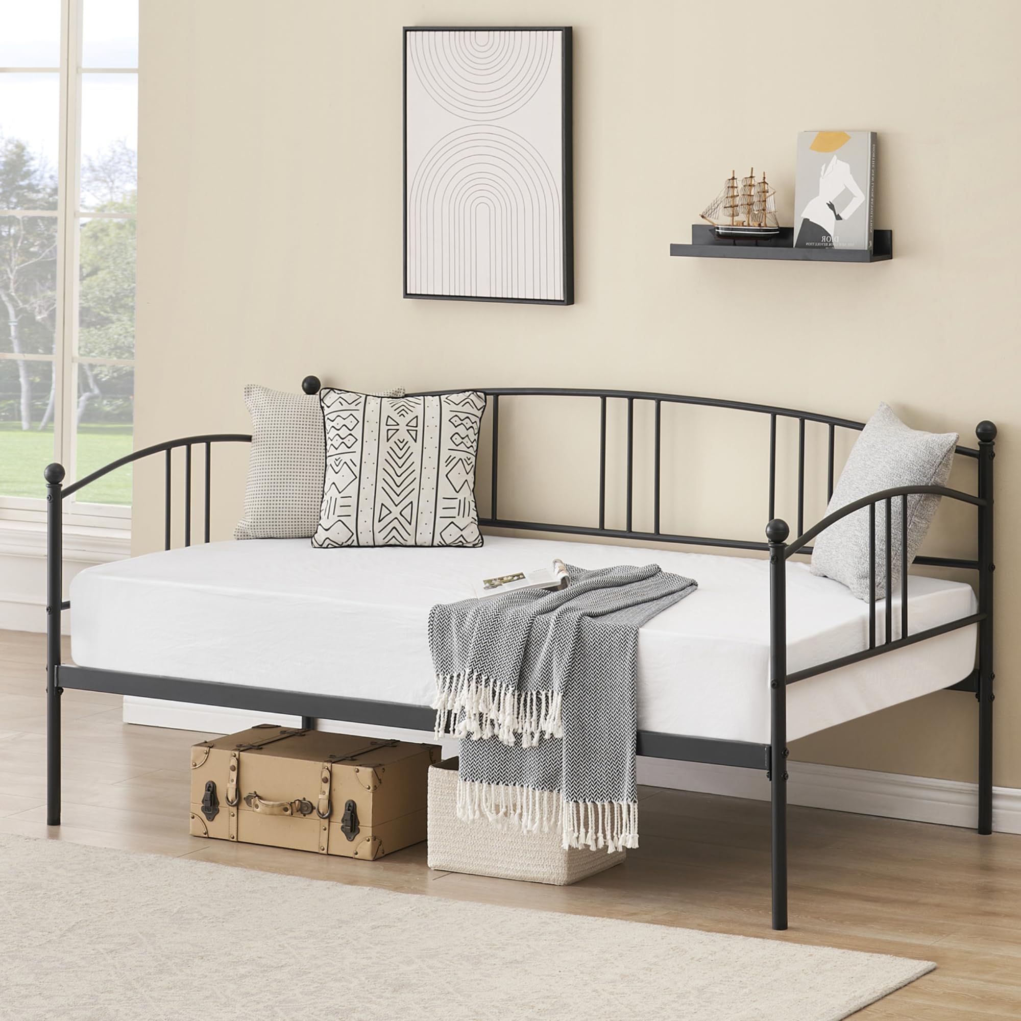 IDEALHOUSE Twin Daybed with Trundle, Metal Twin Size Daybed with Pullout Trundle 6 Casters, Steel Slat Support Sofa Bed for Living Room, Bedroom, Guest Room, No Box Spring Needed, Black