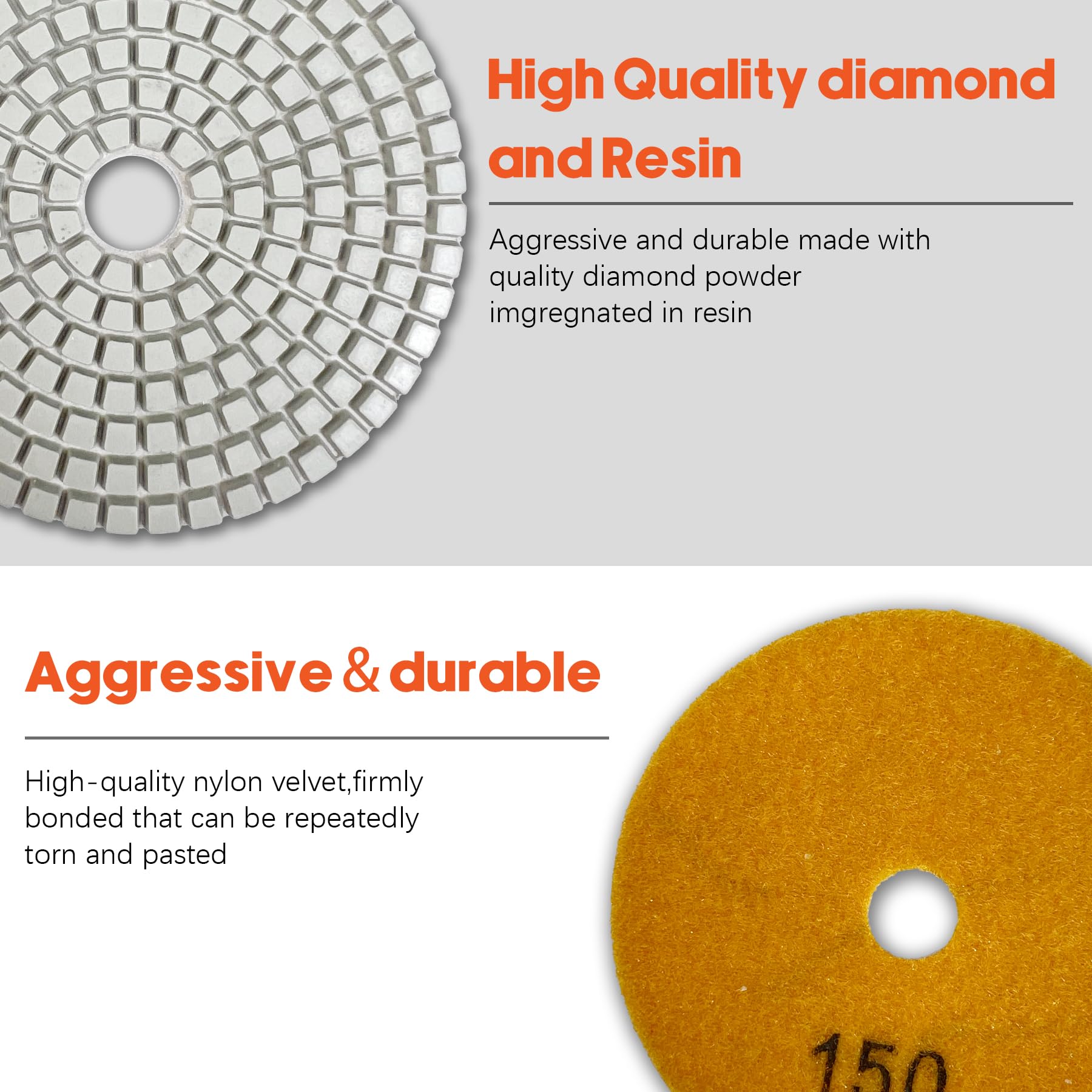 Konvixon Diamond Polishing Pads Set Wet/Dry Quartz Polishing Kit, Granite Stone Concrete Marble Tile Polishing Pads for Grinder, 12Pcs 4 In 50#-8000# Grit Pads with Hook, Loop Backer and Drill Adapter