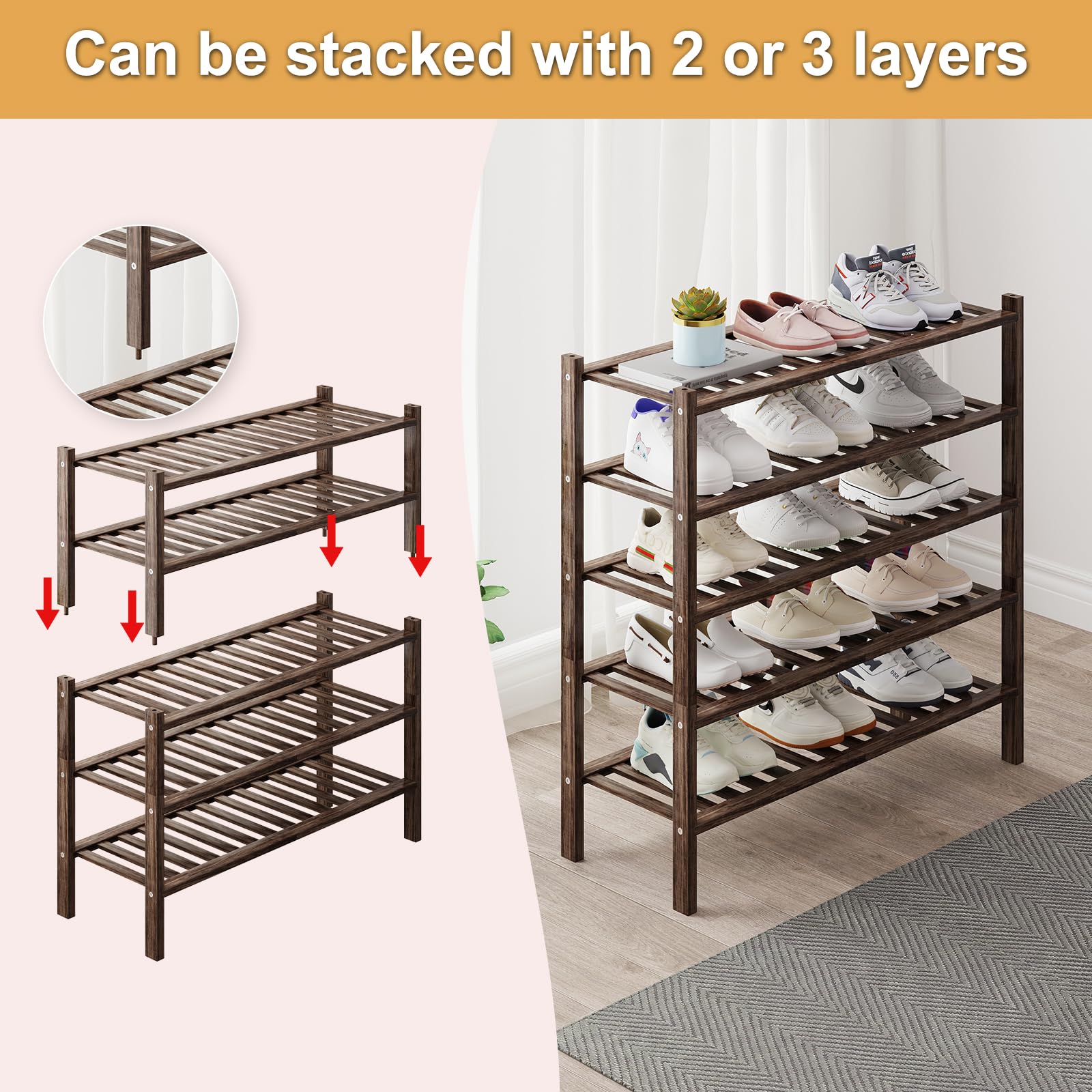 Bamboo Shoe Rack Organizer for Closet and Entryway - Space-Saving Narrow Shoe Stand - Versatile Shoe Holder for Door or Closet Shelf,Garage Bedroom can Freely Stack DIY Small Shoe Racks 3Tier Brown