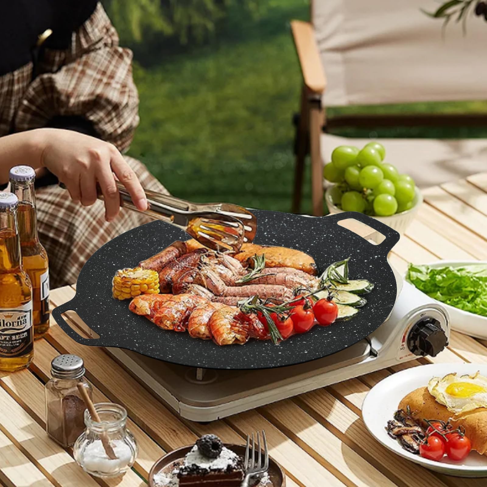 MFBJXC Korean BBQ Grill Pan with Nonstick 6-Layer Coating, 15" Round BBQ Griddle for Induction, Gas Stove, Electric Cooktop, Indoor or Outdoor Grilling