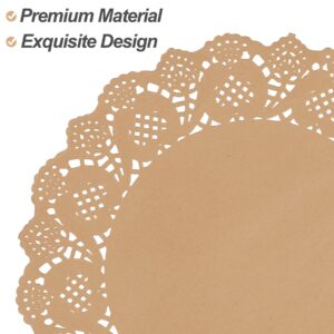 MCEAST 100 Pack Round Brown Kraft Paper Doilies 13.5 Inches Lace Paper Place Mats Rustic Scallop Doily Disposable Paper Table Pads for Food Cakes Crafts Party Weddings Tableware Decor