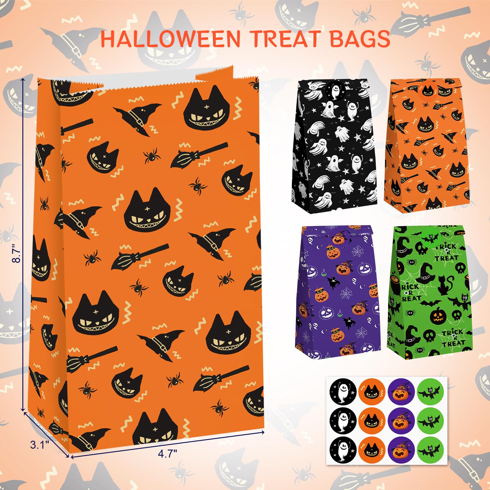 HONEYGIFTS 27PCS Halloween Treat Bags, Halloween Party Bags, Halloween Goodie Bags with Stickers Trick or Treat Bags Halloween Candy Bags for Halloween Decorations Kids Party Supplies