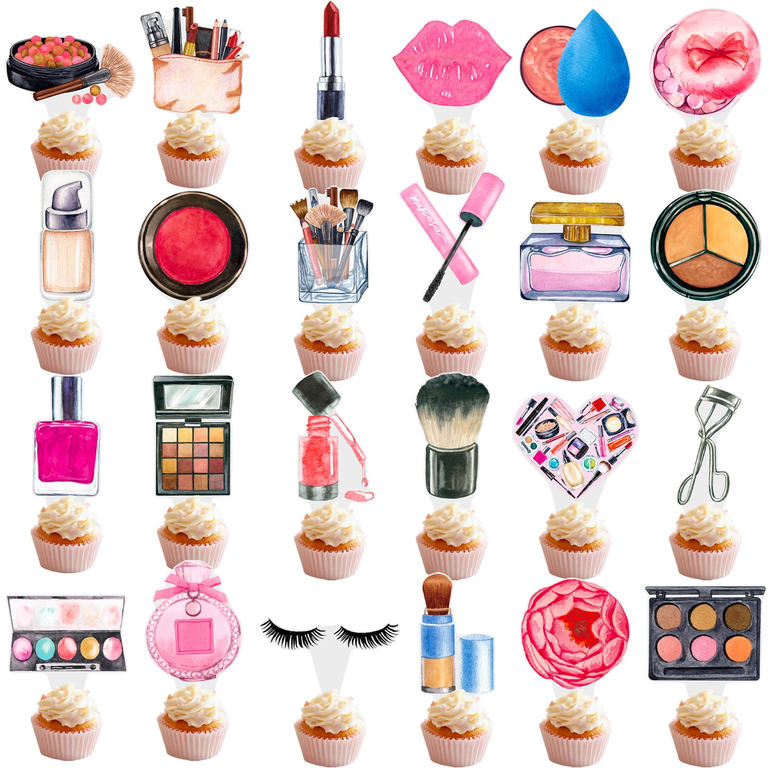 48Pcs Makeup Cupcake Toppers Spa Makeup Birthday Party Decorations Cosmetics Lipstick Eyelashes Perfume Theme Cupcake Picks Decorations for Girls Women Birthday Party Party Bridal Shower Supplies