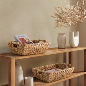 Water Hyacinth Storage Baskets with Wooden Handles，Large Wicker Baskets for Organizing Set of 2