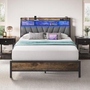 Welzona Queen Bed Frames, Metal Bed Frames with Charging Station, LED Lights Bed Frames with Upholstered Storage Headboard, Sturdy and Noise-Free, Storage Space Under Bed, No Box Spring Needed, Brown