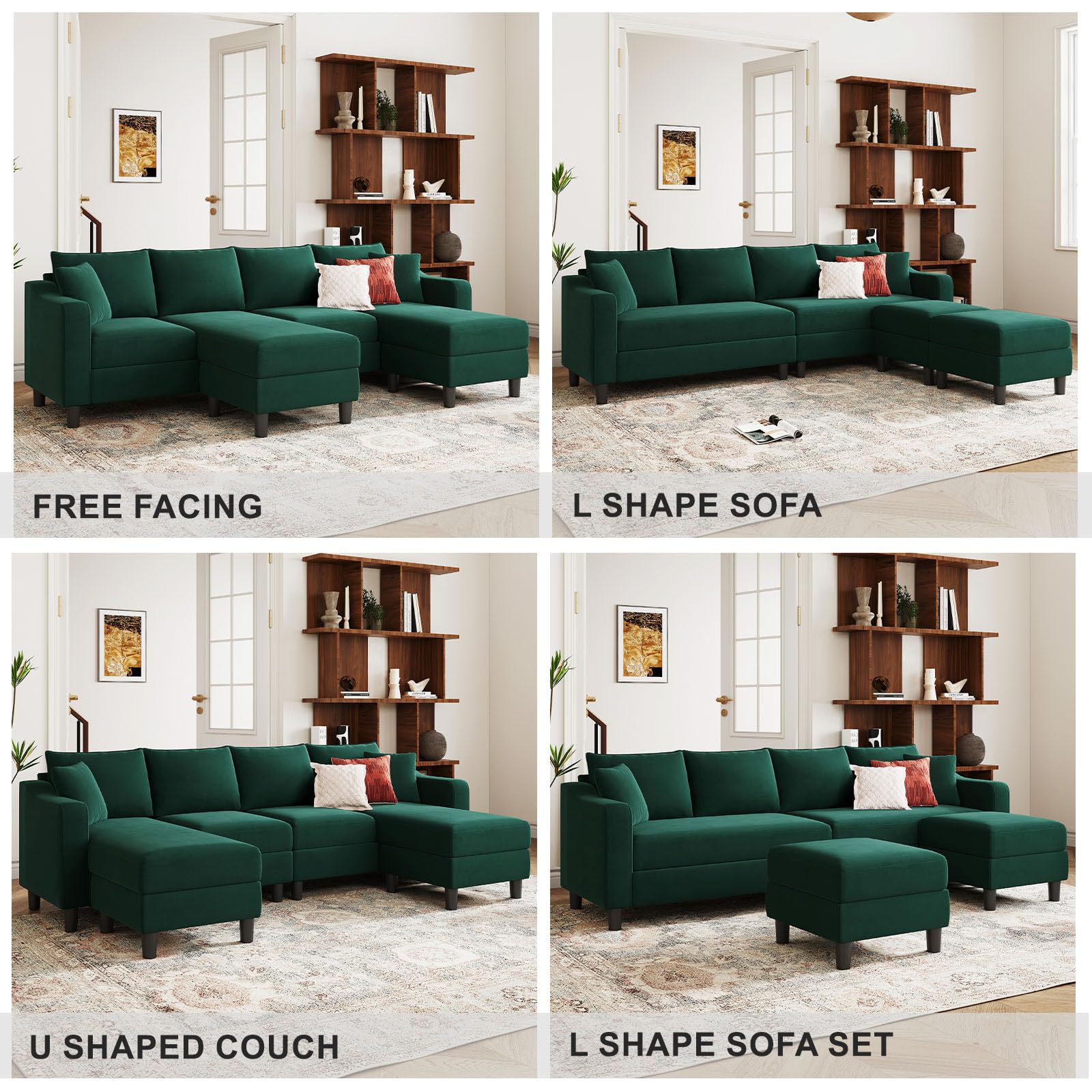 Belffin U Shaped Sectional Sofa Velvet Convertible Sofa with Reversible Chaises Sectional Couches with Ottomans for Living Room (Green)…