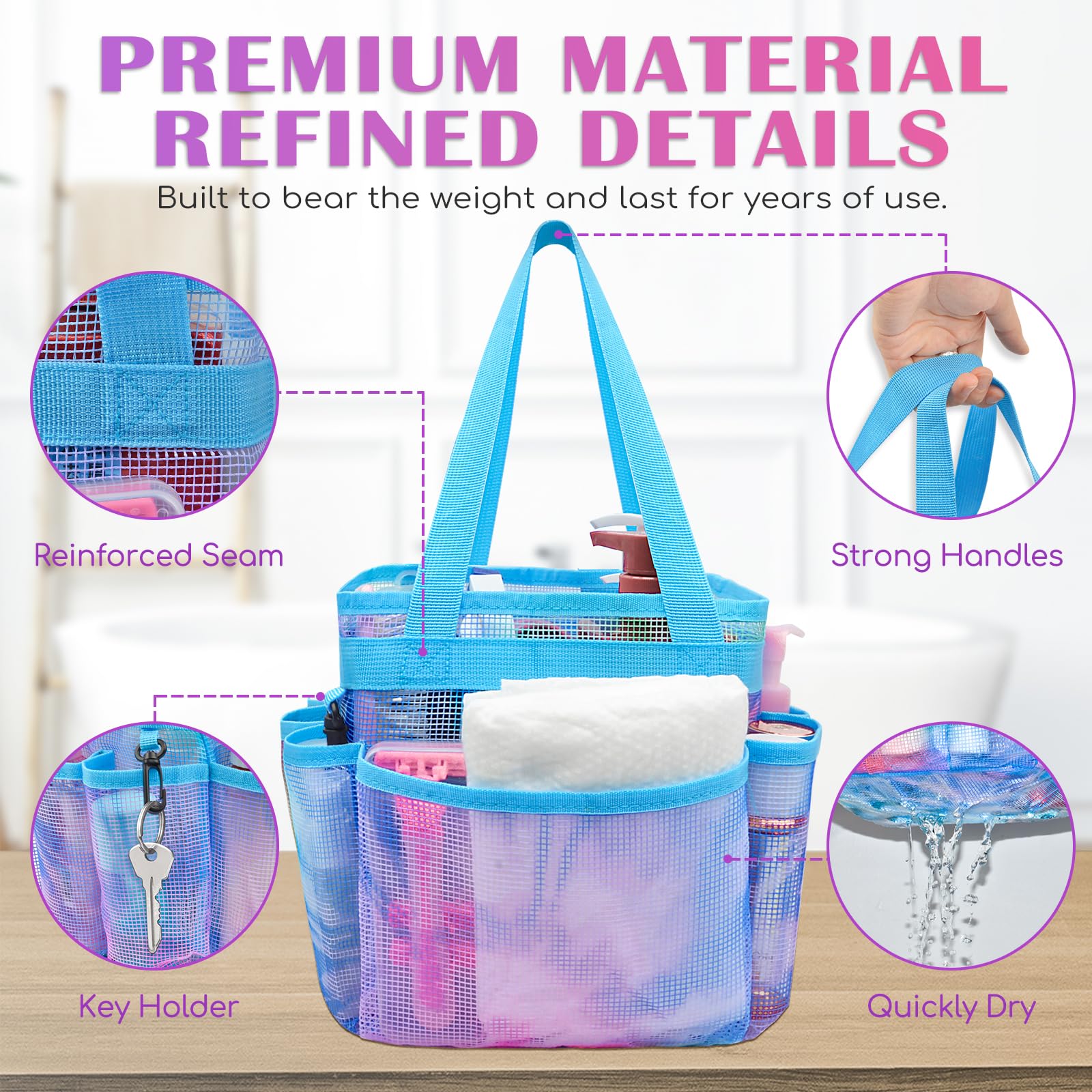 Fiodrimy Mesh Shower Caddy Portable for College Dorm Room Essentials, Hanging Shower Caddy Tote Bag Basket with 8 Pockets, Quick Dry Shower Bag for Bathroom (Tie Dye)