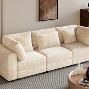 Merax 105" Couch Sofa with 5 Pillows and Removable Back Cushions, 3 Seater Corduroy Chaise Lounge Recliner for Living Room, Apartment Furniture, Beige