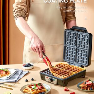 Belgian Waffle Maker 4 Slices, 1200W Waffle Iron, Anti-Overflow Waffle Iron with Browning Knob, Nonstick Plates, Indicator Lights, Silver/Black