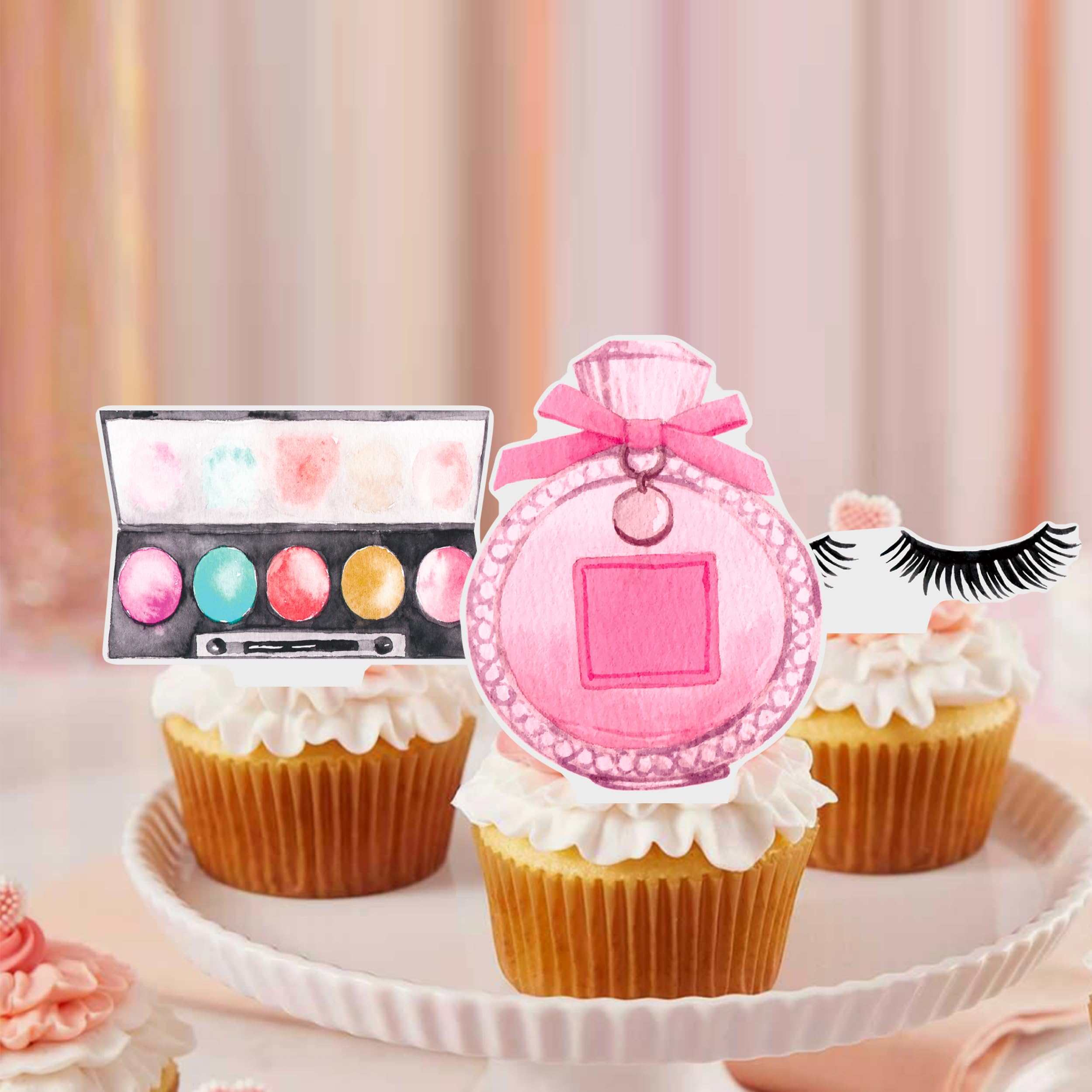 48Pcs Makeup Cupcake Toppers Spa Makeup Birthday Party Decorations Cosmetics Lipstick Eyelashes Perfume Theme Cupcake Picks Decorations for Girls Women Birthday Party Party Bridal Shower Supplies