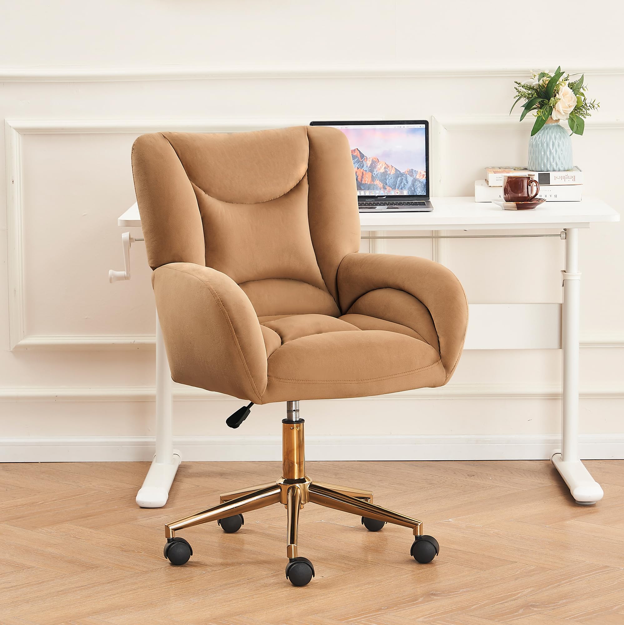 Hommoo Desk Chair with Wheels and Arms Velvet Comfortable Desk Chair for Home Office Height Adjustable Vanity Chair Modern Task Chair Computer Desk Chair Coffee