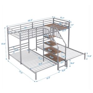 Harper & Bright Designs Metal Triple Bunk Bed with Storage Stairs, Twin Over Twin & Twin Bunk Bed for 3, Bunk Bed with Shelves for Kids Teens Adults, No Box Spring Needed,Silver