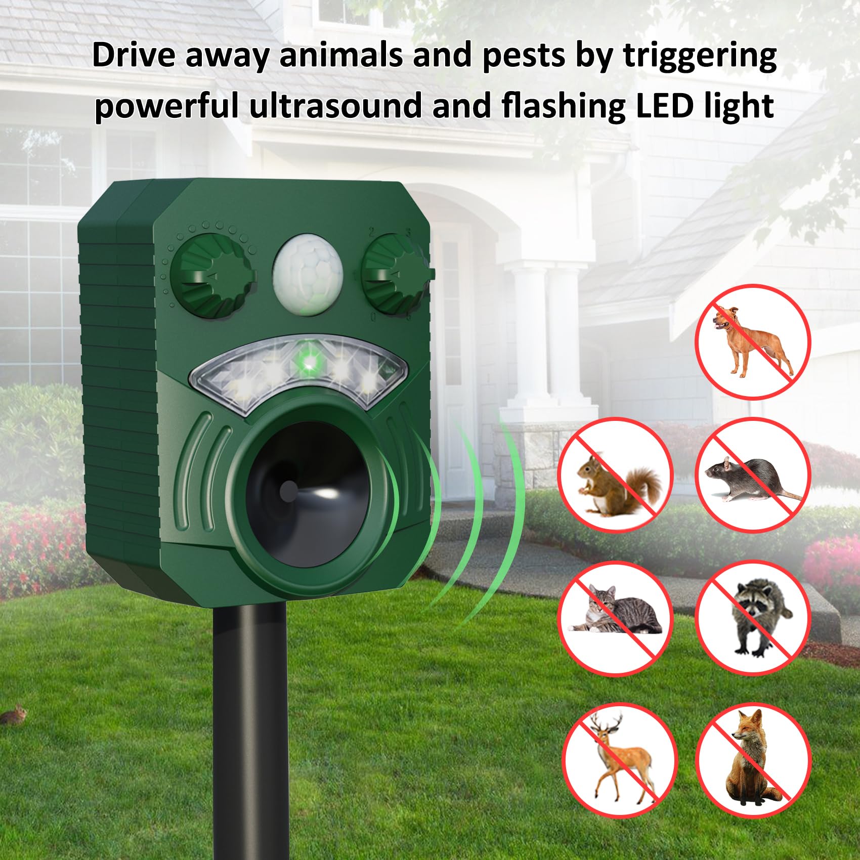 Ultrasonic Animal Repeller Solar Squirrel Deterrent Dog Cat Repellent with Motion Sensor and Flashing Light Raccoon Repeller Fox Rabbit Waterproof Outdoor 2 Pack