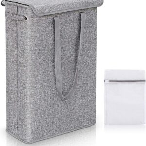 CHUBARIY Ultra-Thin Laundry Hamper with Lid, Tall Thin Waterproof Lined Narrow Dirty Clothes Hamper with Handle, Suitable for Bathroom, Bedroom, Dormitory to Organize and Store Clothes, Grey