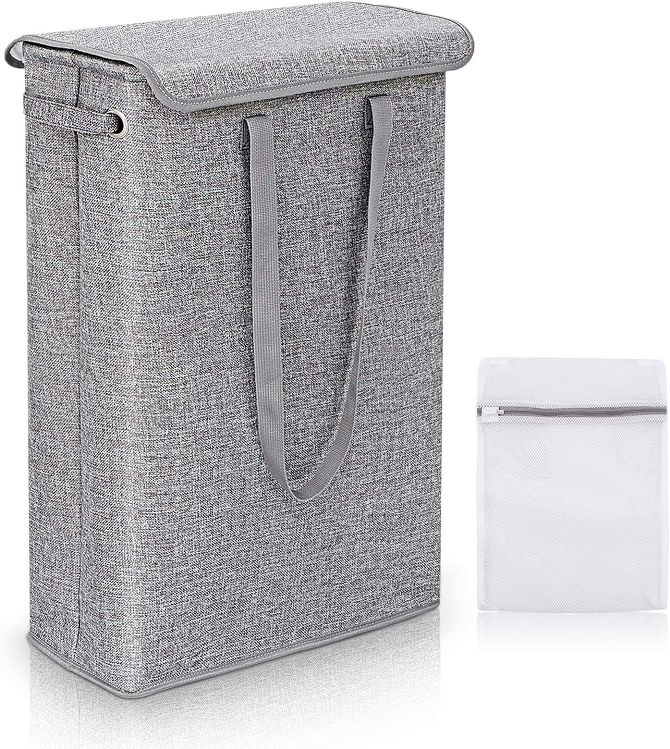 CHUBARIY Ultra-Thin Laundry Hamper with Lid, Tall Thin Waterproof Lined Narrow Dirty Clothes Hamper with Handle, Suitable for Bathroom, Bedroom, Dormitory to Organize and Store Clothes, Grey