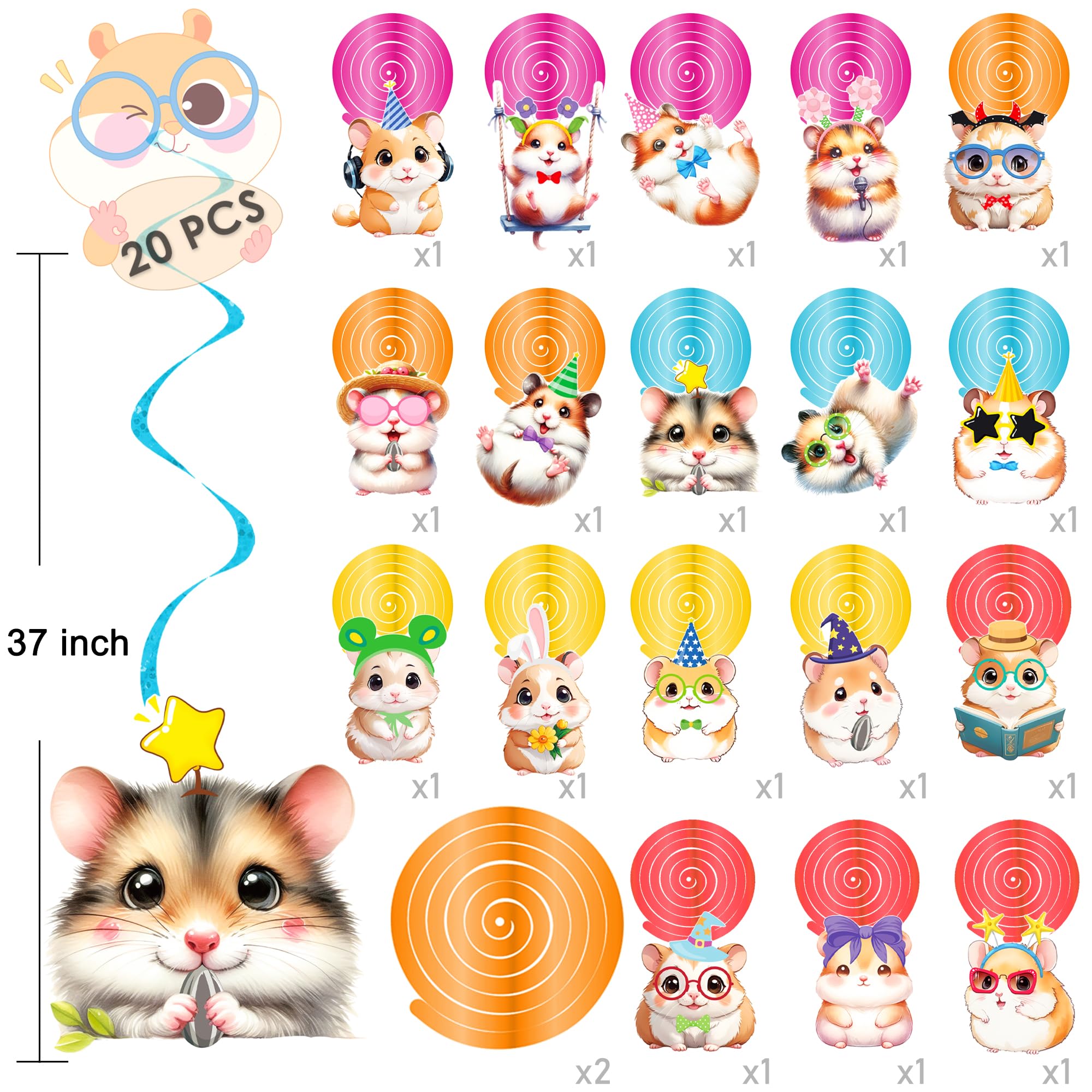 Hamster Hanging Swirls Hamster Party Decorations 20Pcs Guinea Pig Hanging Streamers Hamster Birthday Party Supplies Guinea Pig Ceiling Swirls for Hamster Baby Shower Supplies