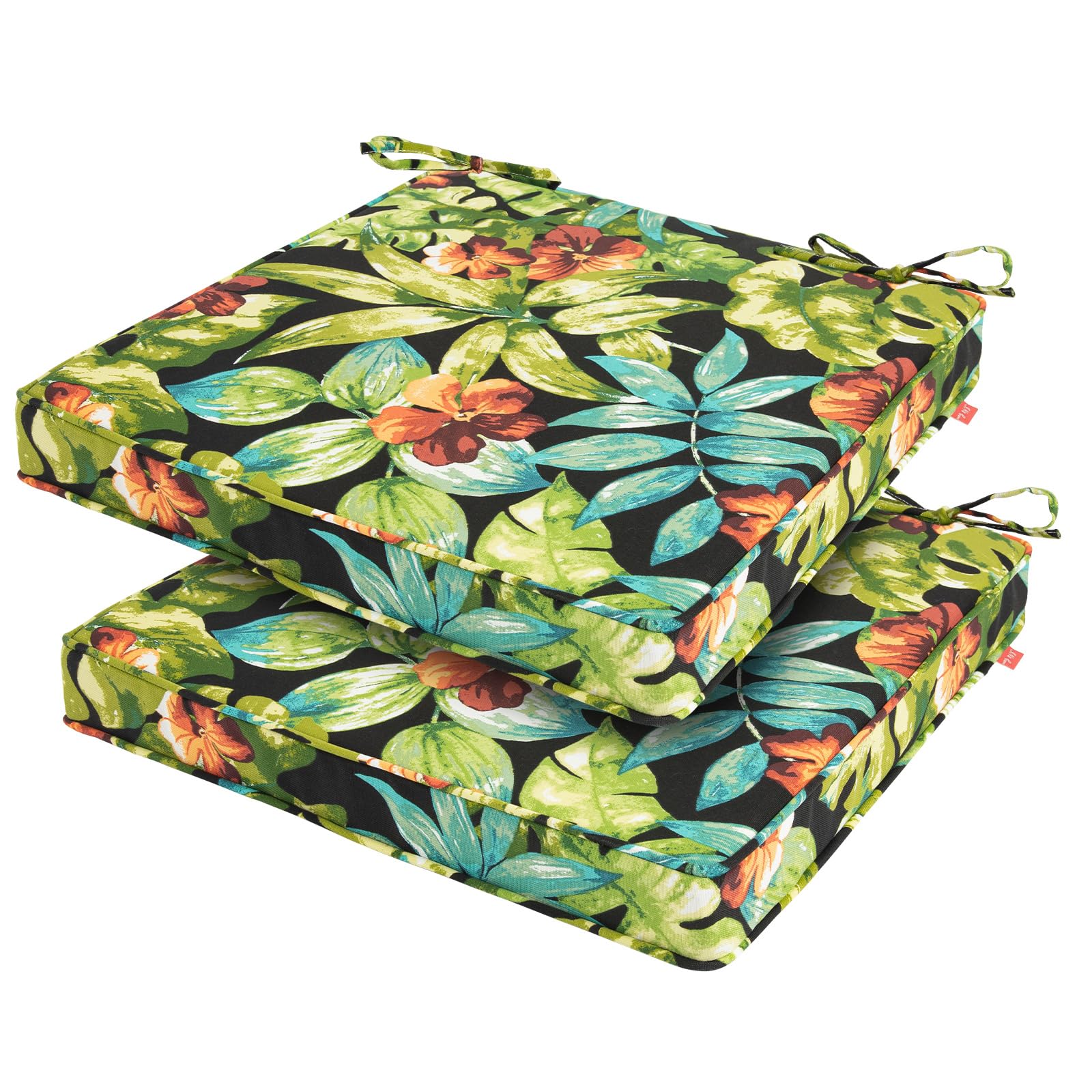 IN4 Care Patio Chair Cushion 18"x18"x2.5" for Patio Furniture, 2 Pack, Indoor/Outdoor Waterproof Square Corner Seat Cushion with Ties, Chair Pads for Garden Dining Office Sofa-Tropical Green Leaves