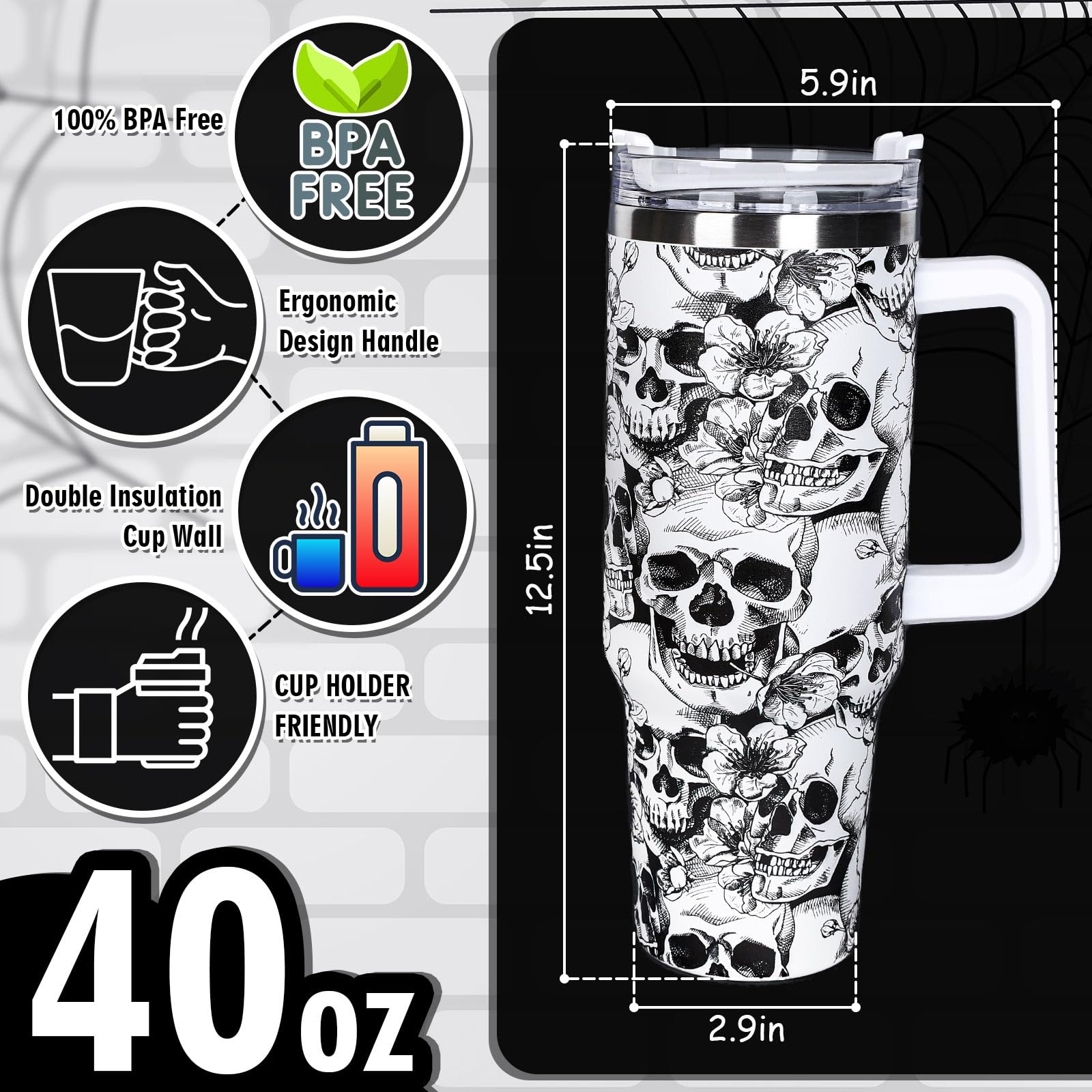 Whaline 40oz Halloween Tumbler with Straw and Lid Skull Travel Coffee Tumbler Cup with Handle for Trick or Treat Birthday Party Gifts