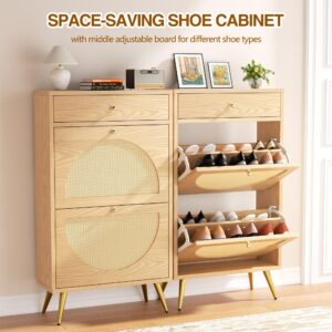 Meilocar Rattan Shoe Cabinet, 2 Flip Door Shoe Storage Cabinet with 1 Drawer Freestanding Slim Shoe Rack Storage Organizer with 3-Tier Adjustable Shelves for Entryway, Closet, Hallway (Natural)