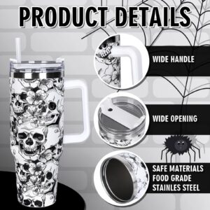 Whaline 40oz Halloween Tumbler with Straw and Lid Skull Travel Coffee Tumbler Cup with Handle for Trick or Treat Birthday Party Gifts