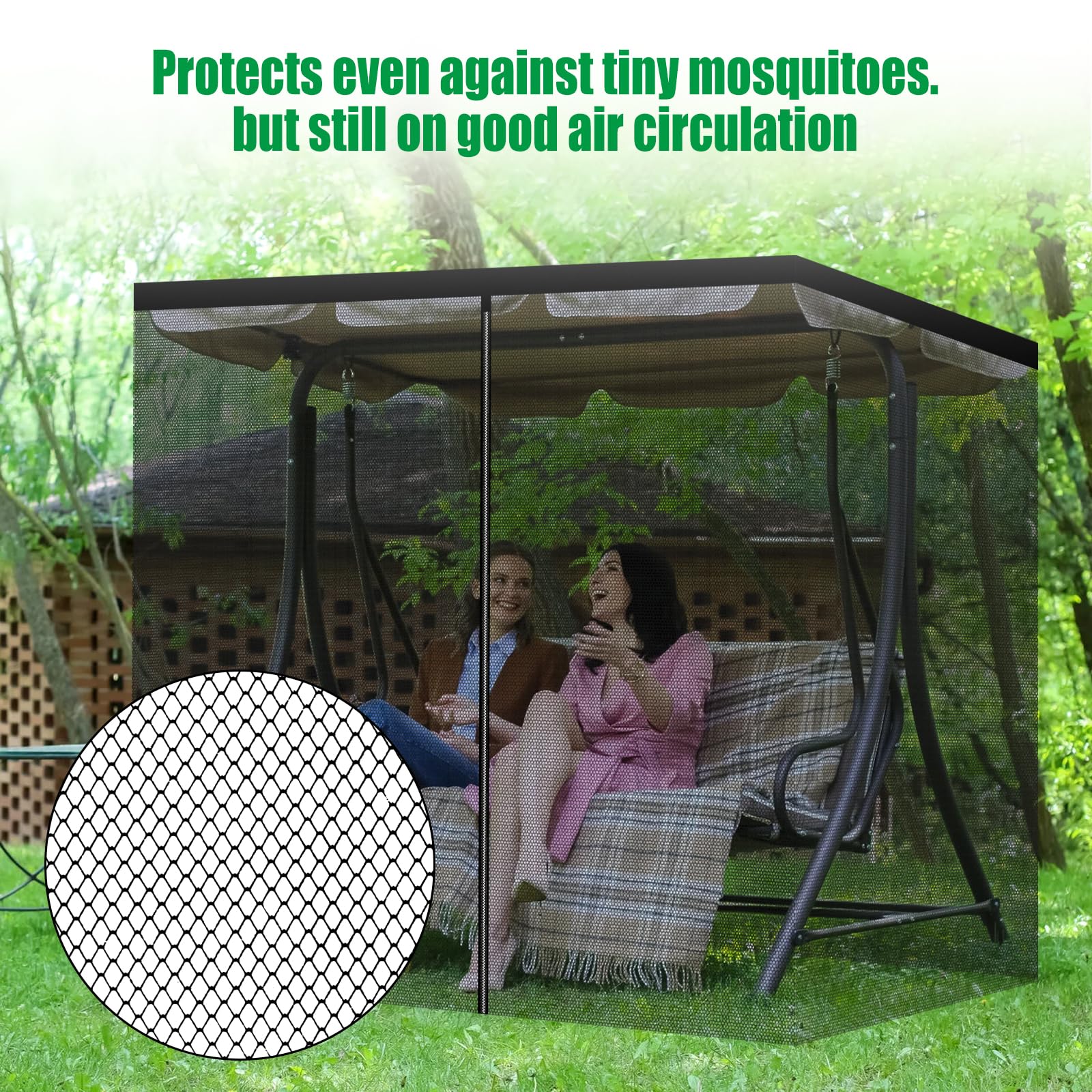 JOJOCY Patio Mosquito Netting, 3 Seater Swing Mosquito Mesh Screen w/Zipper Sunshade Waterproof Roof Porch Swing Net Outdoor Patio Netting Screen