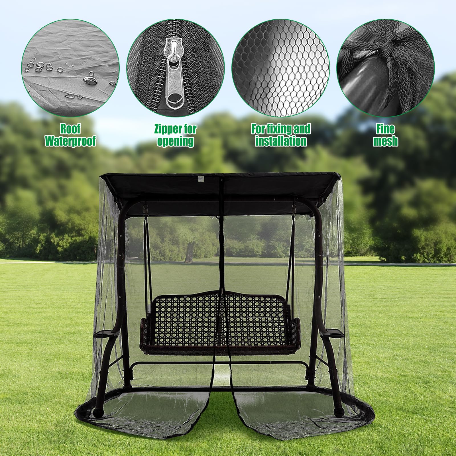 JOJOCY Patio Mosquito Netting, 3 Seater Swing Mosquito Mesh Screen w/Zipper Sunshade Waterproof Roof Porch Swing Net Outdoor Patio Netting Screen