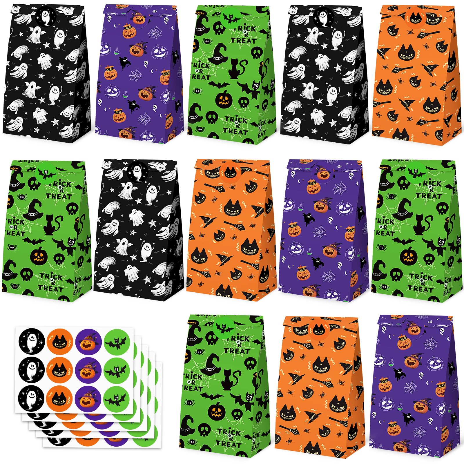 MCPINKY 54PCS Halloween Treat Bags, Candy Treat Bags Goodie Bags with Stickers Paper Gift Bags for Kids Party Favors Supplies