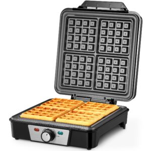 belgian waffle maker 4 slices, 1200w waffle iron, anti-overflow waffle iron with browning knob, nonstick plates, indicator lights, silver/black